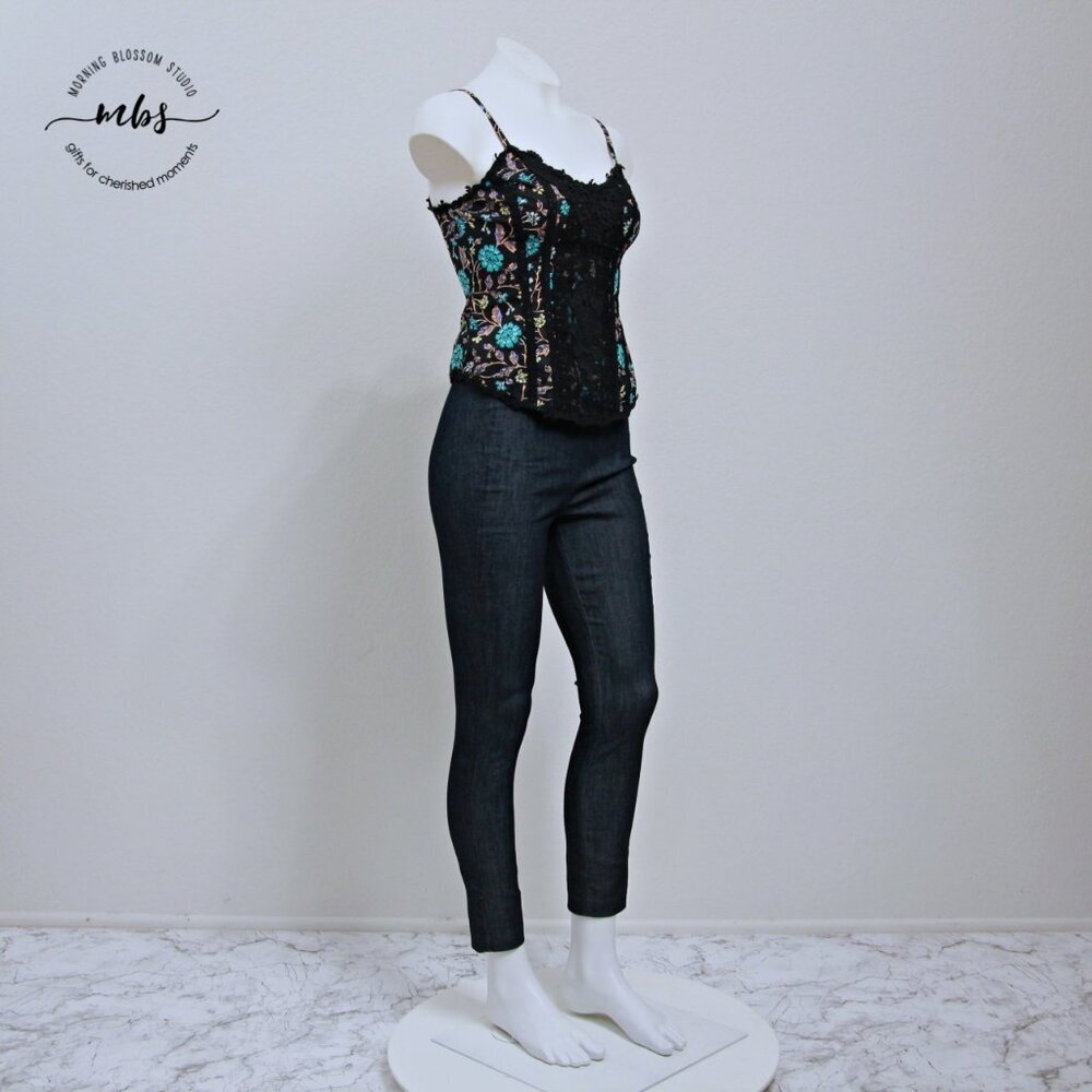 Free People Dark Fairy Whimsical‎ Floral Lace Corset Top Black Blue Womem XS